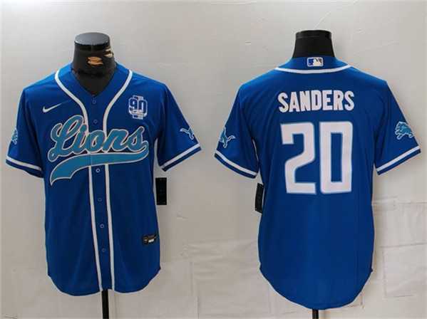 Men%27s Detroit Lions #20 Barry Sanders Blue With 90th Anniversary Patch Cool Base Stitched Baseball Jersey